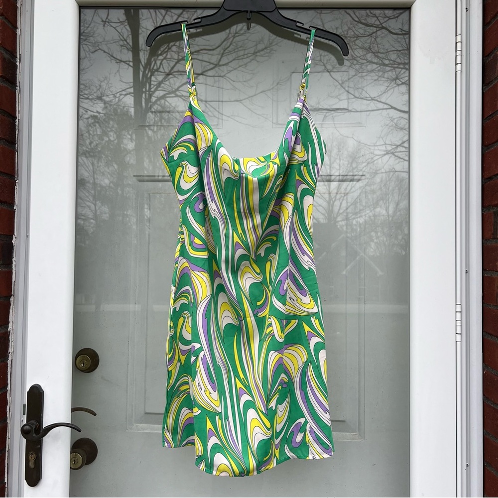NWT pretty garb green, white, yellow, and purple slip dress.